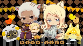2boys animal_ears argyle_background black_eyes blonde_hair blue_eyes character_doll chibi chibi_only closed_mouth curly_hair dark-skinned_male dark_skin dio_brando dog_ears dog_tail doll enrico_pucci funny_valentine grey_jacket heart jacket jojo_no_kimyou_na_bouken kemonomimi_mode morino_peko multiple_boys sheep_boy sheep_ears steel_ball_run stone_ocean tail