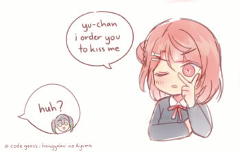 2girls black_hair blunt_bangs braid braided_bun chibi chibi_inset code_geass commentary cropped_torso english_commentary english_text geass gradient_hair green_eyes green_hair hair_between_eyes hair_bun hair_ornament hairclip highres love_live! love_live!_nijigasaki_high_school_idol_club medium_hair multicolored_hair multiple_girls one_eye_closed parted_lips pink_eyes pink_hair simple_background single_side_bun sioneve solo_focus speech_bubble swept_bangs takasaki_yu twintails uehara_ayumu v v_over_eye white_background