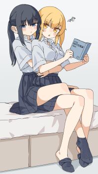 2girls absurdres black_hair black_skirt black_socks blonde_hair blue_eyes blush book closed_mouth collared_shirt commentary_request highres holding holding_book hug hug_from_behind kopaka_(karda_nui) leg_between_thighs multiple_girls open_mouth original pleated_skirt ponytail school_uniform shirt simple_background skirt socks squiggle translation_request twintails white_background white_shirt yellow_eyes yuri