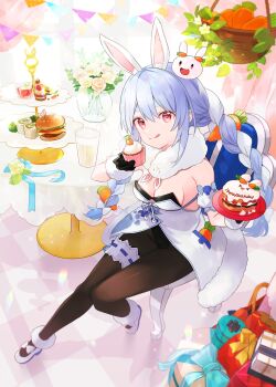 1girl :q animal_ear_fluff animal_ears basket birthday black_gloves black_leotard black_pantyhose blue_hair braid breasts burger cake carrot carrot_hair_ornament chair cleavage commentary_request cup cupcake don-chan_(usada_pekora) flower food food-themed_hair_ornament fur-trimmed_gloves fur_trim gloves hair_ornament happy_birthday highres holding holding_plate hololive leotard long_hair looking_at_viewer medium_breasts multicolored_hair orqz pantyhose pekomon_(usada_pekora) pink_eyes plate rabbit_ears rabbit_girl rose sitting table tiered_tray tongue tongue_out twin_braids usada_pekora usada_pekora_(1st_costume) virtual_youtuber white_hair