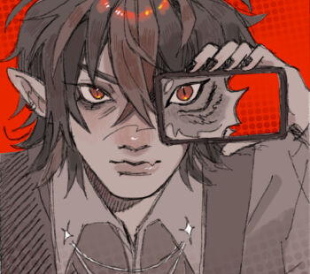 Rule 34 | 1boy, aegyo sal, animification, bishounen, blush, cat, collared shirt, commentary, english commentary, eyelashes, fang, goodtimeswithscar, hair between eyes, hannnsh, highres, holding, holding phone, jellie (hermitcraft), looking at viewer, male focus, minecraft youtube, phone, pointy ears, portrait, red eyes, red theme, shirt, short hair, skin fang, solo, spot color, traffic life series