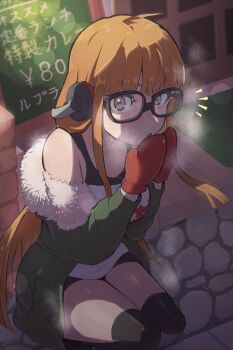 1girl :o absurdres ahoge behind-the-head_headphones black_shorts black_thighhighs breasts breath brown_eyes cold fur-trimmed_jacket fur_trim green_jacket headphones highres jacket long_hair looking_at_viewer mittens off_shoulder orange_hair outdoors persona persona_5 sakura_futaba serori_kantoku shirt short_shorts shorts sidelocks sign small_breasts solo squatting thighhighs very_long_hair