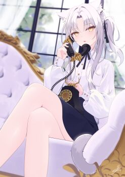 1girl absurdres animal_ear_fluff animal_ears antique_phone artist_name bright_pupils buttons cat_ears cat_girl cat_tail commentary_request couch crossed_legs curtains dutch_angle hair_between_eyes hair_intakes hand_up highres indoors legs long_sleeves looking_ahead lows. nail_polish on_couch one_side_up open_mouth original parted_bangs phone rotary_phone shirt sidelocks signature skirt sleeve_cuffs solo tail thighs white_hair white_pupils white_shirt window yellow_eyes yellow_nails