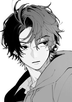1boy commentary_request earrings fall_in_love_you_false_angels futagami_rai greyscale highres hood hoodie jewelry looking_to_the_side male_focus monochrome short_hair simple_background solo uzcoco_66