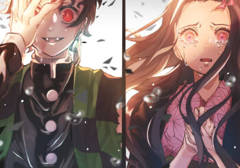 1boy 1girl :d akashiya_honma bad_id bad_pixiv_id black_jacket brother_and_sister brown_hair checkered_haori crying earrings floating_hair hair_ribbon haori jacket japanese_clothes jewelry kamado_nezuko kamado_tanjirou kimetsu_no_yaiba kimono long_hair looking_at_viewer open_mouth pink_eyes pink_kimono red_eyes red_ribbon ribbon short_hair siblings slit_pupils smile split_screen spoilers tears very_long_hair