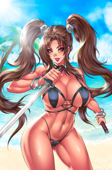 Rule 34 | 1girl, beach, bikini, black bikini, black choker, blue sky, bracelet, breasts, brown hair, choker, cleavage, clip studio paint (medium), cloud, commentary, commission, cowboy shot, day, dual wielding, english commentary, glint, highleg, highleg bikini, highres, holding, holding sword, holding weapon, jewelry, large breasts, lena dai, lips, lipstick, long hair, looking at viewer, makeup, navel, nose, original, outdoors, parted bangs, parted lips, pink eyes, pink lips, silver bracelet, sky, smile, solo, stomach, swimsuit, sword, thighs, toned, toned female, twintails, weapon
