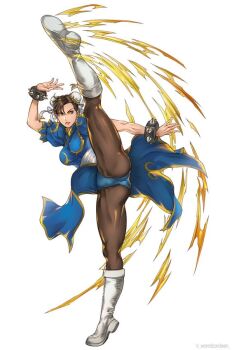 1girl angry artist_name boots bracelet breasts brown_eyes brown_hair cameltoe capcom chinese_clothes chun-li full_body hair_bun jewelry kicking large_breasts leg_raise pantyhose spiked_bracelet spikes standing standing_on_one_leg street_fighter wandzardeen white_background