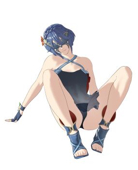 1girl absurdres bare_shoulders bikini blue_bikini blue_gloves blue_hair blue_sandals braid breasts closed_mouth collarbone commentary covered_eyes criss-cross_halter english_commentary feet fingerless_gloves flower full_body gloves gold_trim hair_flower hair_ornament halterneck highres knees_up legs looking_at_viewer lucina_(fire_emblem) lucina_(summer)_(fire_emblem) marth_(fire_emblem_awakening) navel pomelomelon sandals short_hair sidelocks simple_background sitting small_breasts solo swimsuit toenails toes white_background white_flower