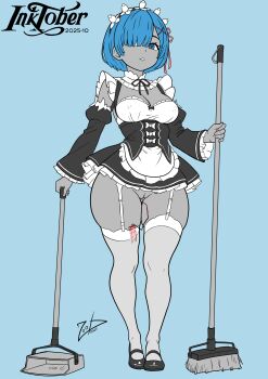 1girl 2025 absurdres apron black_dress black_shoes blue_eyes blue_hair breasts broom colored_skin covered_erect_nipples dated detached_sleeves dress dustpan garter_straps grey_skin highres holding holding_broom holding_dustpan inktober looking_at_viewer maid maid_apron maid_headdress matching_hair/eyes medium_breasts no_panties parted_lips pussy re:zero_kara_hajimeru_isekai_seikatsu rem_(re:zero) remote_control_vibrator roswaal_mansion_maid_uniform see-through_clothes see-through_legwear sex_toy shoes signature simple_background slippers solo thick_thighs thighhighs thighs vibrator vibrator_under_clothes white_thighhighs wide_hips zoobastik