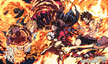 3boys abs artist_name ascot bead_necklace beads belt black_hair blonde_hair clenched_hand clenched_teeth dragon eastern_dragon fire freckles gear_third gloves goggles goggles_on_headwear haki_(one_piece) hat highres holding holding_lead_pipe holding_weapon incoming_attack industrial_pipe jacket jacket_on_shoulders jewelry jolly_roger lead_pipe lydart_mclo male_focus monkey_d._luffy multiple_boys muscular muscular_male necklace one_piece open_mouth portgas_d._ace pyrokinesis red_shirt sabo_(one_piece) scar scar_across_eye scar_on_face shirt shorts shoulder_tattoo smile straw_hat tattoo teeth top_hat topless_male weapon white_ascot whitebeard_pirates_jolly_roger