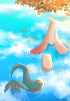 autumn_leaves cloud gen_3_pokemon highres leaf milotic natu_a0z0ra nintendo no_humans partially_submerged pokemon pokemon_(creature) pokemon_focus reflection reflective_liquid ripples solo swimming water