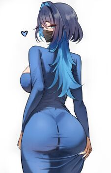 absurdres ass black_hair blue_dress blue_eyes blue_hair blue_nails breasts colored_inner_hair dress highres hololive hololive_english huge_ass jellyfish large_breasts long_hair looking_back mask multicolored_hair ouro_kronii tomosakaaa virtual_youtuber