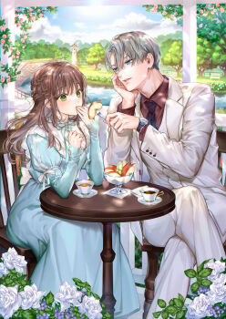 1boy 1girl apple_rabbit blue_dress blue_eyes blue_sky blush braid brown_hair chair copyright_request cover cover_page covering_own_mouth crossed_legs cup day dress flower food food_art formal_clothes green_eyes grey_hair hetero highres kaguyuzu looking_at_another necktie novel_cover official_art outdoors river rose sitting sky smile suit sunlight table textless_version watch white_flower white_rose wristwatch