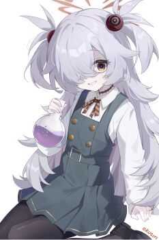 1girl absurdres black_pantyhose black_shoes blue_archive brown_eyes brown_halo collared_shirt commentary dress exusiai_dust flask flat_chest grey_hair grey_shirt hair_over_one_eye halo highres holding holding_flask kanoe_(blue_archive) long_hair long_sleeves looking_at_viewer miniskirt neck_ribbon pantyhose parted_lips pinafore_dress pleated_skirt red_ribbon revision ribbon round-bottom_flask shirt shoes simple_background skirt sleeveless sleeveless_dress smile solo two_side_up white_background white_shirt