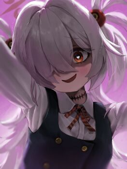 Rule 34 | 1girl, :d, absurdres, aoteka, bags under eyes, blue archive, blush, brown eyes, brown halo, collared shirt, diagonal-striped ribbon, dress, eyeball hair ornament, grey hair, hair over one eye, halo, heart, heart-shaped pupils, highres, kanoe (blue archive), long hair, long sleeves, looking at viewer, multicolored eyes, open mouth, pinafore dress, pink background, ribbon, scar, scar on neck, shirt, sleeveless, sleeveless dress, smile, solo, symbol-shaped pupils, two-tone eyes, two side up, white shirt, yandere