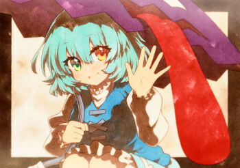 1girl blue_eyes blue_hair blue_skirt blue_vest blush frills heterochromia highres holding holding_umbrella long_sleeves looking_at_viewer medium_hair parted_lips red_eyes rinka_(qqqrinkappp) shirt skirt smile solo tatara_kogasa tongue touhou umbrella vest waving white_shirt