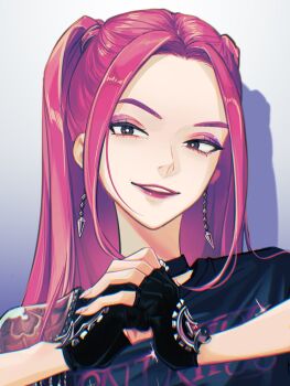 Rule 34 | 1girl, brown eyes, cracking knuckles, earrings, gloves, highres, hina (xoxo), jewelry, kpop demon hunters, lipstick, makeup, mira (kpop demon hunters), pink hair, red lips, shirt, smile, solo, twintails