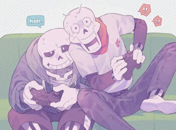 !? 2boys black_shorts blue_jacket brothers controller couch full_body highres holding holding_controller jacket layered_sleeves long_sleeves multiple_boys open_mouth papyrus_(undertale) sans_(undertale) shirt short_over_long_sleeves short_sleeves shorts siblings sitting skeleton socks undertale utdr_(toby_fox) white_shirt white_socks yatsudoki
