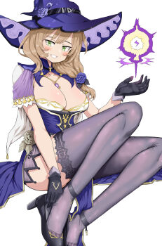 Rule 34 | 1girl, absurdres, black gloves, black shoes, breasts, brown hair, cleavage, commentary, genshin impact, gloves, green eyes, grin, hair ornament, hat, highres, large breasts, lisa (genshin impact), medium hair, mipoog, purple hat, purple thighhighs, shoes, simple background, smile, solo, thighhighs, white background, witch hat