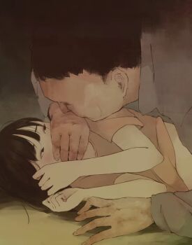 1boy 1girl age_difference bad_tag boy_on_top brown_hair covering_another&#039;s_mouth defeat grey_shirt helmet highres loli long_sleeves lying on_side original otohime_(youngest_princess) pink_shirt pussy_play sexually_suggestive shirt short_sleeves size_difference you_gonna_get_raped