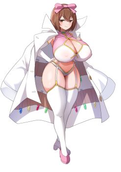 1girl absurdres alternate_breast_size_(larger) bee_hair_ornament blush bow breasts brown_eyes brown_hair cleavage cleavage_cutout closed_mouth clothing_cutout coat commentary_request commission cosplay covered_erect_nipples elbow_gloves full_body garter_straps gloves hair_bow haruka_(senran_kagura) haruka_(senran_kagura)_(cosplay) highres huge_breasts looking_at_viewer navel panties pink_bow pink_shirt pink_shoes pixiv_commission satoyama_meu senran_kagura senran_kagura_burst senran_kagura_burst_re:newal senran_kagura_estival_versus senran_kagura_shinovi_versus shirt shoes short_hair smile smug solo standing takamiya_nasuno teekyuu test_tube thighhighs thighs underwear v-shaped_eyebrows white_coat white_garter_straps white_panties white_shirt white_thighhighs