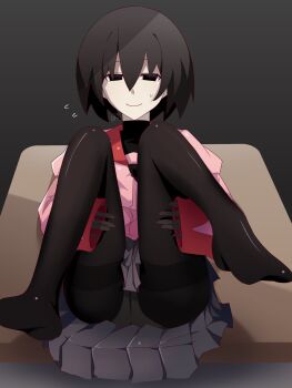 1girl artist_name ass black_eyes black_gloves black_hair black_necktie black_pantyhose black_shirt bob_cut closed_mouth collared_shirt commentary desk dress_shirt empty_eyes flying_sweatdrops gloves gradient_background grey_background grey_skirt hair_between_eyes hands_on_own_thighs highres juliet_sleeves legs_up long_sleeves looking_at_viewer lying monogatari_(series) nano-tan_(sakuta_sakuzi) naoetsu_high_school_uniform narrowed_eyes necktie nervous nervous_smile nervous_sweating no_shoes on_back on_desk oshino_ougi pale_skin panties panties_under_pantyhose pantyhose pantyshot pink_shirt pleated_skirt puffy_sleeves red_trim school_desk school_uniform shiny_clothes shirt short_hair signature sitting skirt sleeves_past_wrists smile solo sweat sweatdrop turtleneck underwear upskirt