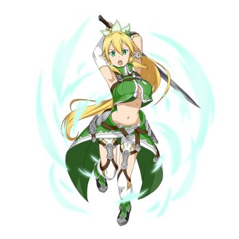 1girl arms_up blonde_hair breasts cleavage crop_top detached_sleeves female_focus floating_hair full_body green_eyes hair_ornament high_ponytail highres holding holding_sword holding_weapon large_breasts leafa_(sao) long_hair looking_at_viewer midriff navel open_mouth ponytail solo stomach sword sword_art_online sword_art_online:_hollow_realization sword_art_online:_memory_defrag transparent_background underboob very_long_hair weapon white_legwear