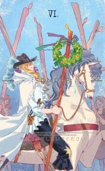 1boy 2girls ^_^ black_hat black_pants blue_sky cavendish_(one_piece) closed_eyes commentary farul hat hat_feather highres holding holding_stick horse long_hair multiple_girls one_piece pants profile shirt sitting_on_animal siyangou49 sky sparkle stick white_shirt