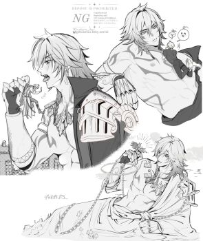 2boys abs antenna_hair arm_tattoo armlet armor between_pectorals black_coat black_pants black_shirt braid chain chest_tattoo clawed_gauntlets coat commentary_request earrings facial_tattoo giant giant_male greyscale highres holding holding_mini_person honkai:_star_rail honkai_(series) hukami_dori jewelry male_focus medium_hair mini_person miniboy monochrome multiple_boys multiple_views mydei_(honkai:_star_rail) necklace open_clothes open_coat pants pauldrons pectorals phainon_(honkai:_star_rail) phainon_(khaslana)_(honkai:_star_rail) shirt short_hair shoulder_armor side_braid simple_background single_pauldron size_difference spoken_expression tattoo toned toned_male watermark white_background white_hair yaoi