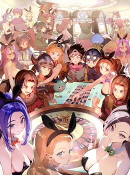 alena_(dq4) bianca_(dq5) breasts cape casino commentary_request curly_hair dragon dragon_quest dragon_quest_iii dragon_quest_iv dragon_quest_ix dragon_quest_v dragon_quest_vi dragon_quest_vii dragon_quest_viii dragon_quest_xi flora_(dq5) hero_(dq11) hero_(dq4) hero_(dq5) hero_(dq8) hero_(dq9) highres jessica_albert large_breasts manya_(dq4) martina_(dq11) minea_(dq4) numao_sub orange_cape parted_hair playboy_bunny ponytail princess_of_moonbrook purple_turban roto_(dq3) roulette roulette_table slime_(dragon_quest) smile table turban veronica_(dq11)