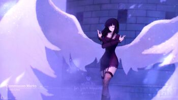 Rule 34 | 1girl, 2025, absurdres, artist name, black hair, blunt bangs, boots, closed eyes, closed mouth, commentary, commission, commissioner name, crossed arms, devil fruit power, dress, english commentary, english text, feet out of frame, fishnet thighhighs, fishnets, garter straps, hana hana no mi, heart, highres, long hair, long sleeves, nico robin, nico robin (thriller bark), one piece, outdoors, purple dress, rnna, solo, thank you, thighhighs, wings