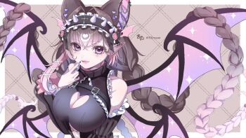 1girl aegyo_sal animal_ears bare_shoulders bat_ears bat_girl bat_wings belt belt_buckle black_belt black_dress black_hairband blush border braid breasts brown_background brown_hair buckle chest_belt cleavage cleavage_cutout clothing_cutout commentary commission crossed_bangs dress ear_piercing english_commentary extra_ears finger_to_mouth fingernails frilled_dress frilled_hairband frills graveberry_(vtuber) hair_intakes hair_ornament hairband head_wings heart heart_in_eye indie_virtual_youtuber large_breasts long_hair looking_at_viewer mole mole_under_eye multiple_wings nail_polish open_mouth outside_border piercing pink_hair pointy_ears purple_nails shoulder_cutout signature skeb_commission smile solo spiked_hairband spikes symbol_in_eye turtleneck turtleneck_dress upper_body variant_set very_long_hair virtual_youtuber white_border wings x_hair_ornament xxcaaan