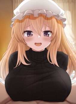 1boy 1girl blonde_hair blush breasts highres implied_paizuri large_breasts long_hair looking_at_viewer maribel_hearn open_mouth purple_eyes ribbed_sweater smile solo_focus sweater tori_(minamopa) touhou