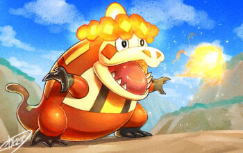 animal_focus black_eyes blue_sky breath_weapon breathing_fire bright_pupils cloud commentary_request crocalor day fire full_body kaosu_(kaosu0905) lower_teeth_only nintendo no_humans nostrils open_mouth outdoors outstretched_arms pokemon pokemon_(creature) pokemon_focus sharp_teeth sky solo spread_arms teeth tongue white_pupils