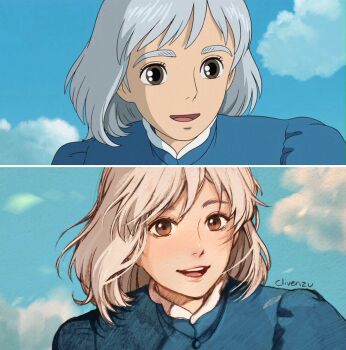 1girl :d bad_id bad_twitter_id blue_dress blue_sky brown_eyes clivenzu cloud cloudy_sky commentary day derivative_work dress english_commentary female_focus graphite_(medium) grey_hair highres howl_no_ugoku_shiro looking_at_viewer open_mouth photo_(medium) reference_work screencap signature sky smile solo sophie_hatter_(howl_no_ugoku_shiro) traditional_media