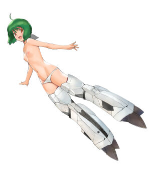 1girl a1_(initial-g) absurdres breasts crossover female_focus flat_chest green_hair highres lowleg lowleg_panties macross macross_frontier mecha mecha_musume nipples no_bra panties parody ranka_lee red_eyes robot short_hair solo strike_witches striker_unit underwear vf-25 world_witches_series