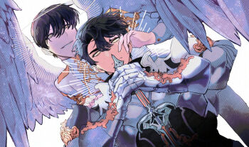 2boys armor black_hair breastplate epaulettes feathered_wings from_behind halo halo_behind_head hand_on_another&#039;s_face hand_on_another&#039;s_shoulder highres holding holding_sword holding_weapon kim_dokja knight male_focus multiple_boys official_alternate_costume omniscient_reader&#039;s_viewpoint paradero_91 ricardo_von_kaizenix scar scar_across_eye scar_on_face schweichen_von_kaizenix serious short_hair smile sword weapon white_wings wings yellow_eyes yoo_joonghyuk