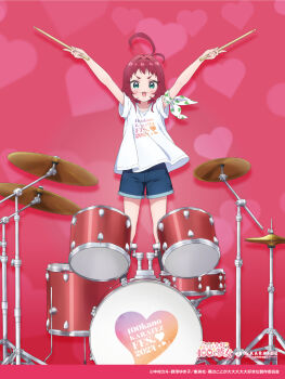 1girl 2024 :3 \o/ antenna_hair arm_bow arms_up artist_request black_socks blue_shorts blush bow clothes_writing colored_eyelashes copyright_name copyright_notice denim denim_shorts dot_nose drum drum_set drumsticks eyelashes gradient_background green_eyes hair_intakes heart heart_background heart_print highres holding holding_drumsticks instrument kimi_no_koto_ga_dai_dai_dai_dai_daisuki_na_100-nin_no_kanojo kneehighs medium_hair official_art open_mouth outstretched_arms print_shirt purple_background purple_hair shirt short_bangs short_eyebrows short_sleeves shorts socks solo standing teeth thick_eyebrows upper_teeth_only v-shaped_eyebrows white_bow white_shirt yakuzen_kusuri