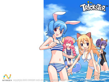 10s 4girls animal_ears bikini blonde_hair blue_hair braid breasts bunny_(trickster) cat_(trickster) cat_ears cleavage closed_eyes cloud day fang fox_(trickster) fox_ears innertube leaning_forward long_hair medium_breasts midriff multiple_girls navel one-piece_swimsuit open_mouth pink_hair purple_eyes purple_hair rabbit_ears red_eyes school_swimsuit sheep_(trickster) sheep_ears sky small_breasts standing striped_bikini striped_clothes swim_ring swimsuit trickster_(ntreev_soft) twin_braids water