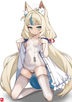 Rule 34 | 1girl, absurdres, animal ear fluff, animal ears, blonde hair, blue eyes, breasts, commentary request, highres, indie virtual youtuber, johnny (braun-kan cafe), kneeling, long hair, one-piece swimsuit, sameko saba, school swimsuit, small breasts, solo, swimsuit, tail, thighhighs, virtual youtuber, white one-piece swimsuit