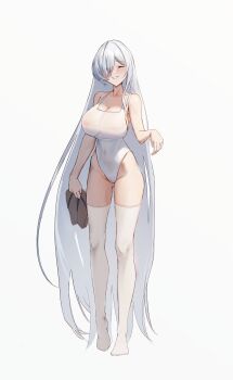 1girl absurdres barefoot breasts brown_sandals brown_shoes cinderella_(nikke) cleavage closed_eyes covered_navel full_body goddess_of_victory:_nikke hair_down hair_over_one_eye highres holding holding_sandals kaba_(hama) large_breasts nipples official_alternate_hairstyle sandals see-through_clothes shoes simple_background smile solo teeth thighhighs thighs white_background white_hair white_thighhighs