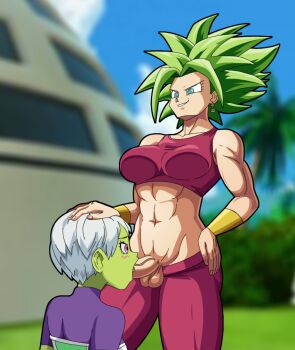 1futa 1girl abs absurdres breasts caulifla cheelai colored_skin divine_wine_(vampiranhya) dragon_ball dragon_ball_super fellatio futa_with_female futanari green_hair green_skin hand_on_another's_head highres kale_(dragon_ball) kefla_(dragon_ball) legendary_super_saiyan medium_breasts oral saiyan super_saiyan super_saiyan_2 testicles white_hair