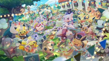 &gt;_&lt; 1girl :3 :d ;d absurdres alolan_form alolan_vulpix audino barrel baseball_cap black_hat blonde_hair blush blush_stickers breath_weapon breathing_fire chair charizard chef_hat closed_eyes closed_mouth clothed_pokemon confetti dress eevee eevee_(fancy_dress) eevee_(fancy_tux) fire flame-tipped_tail flareon floating food gazebo gen_1_pokemon gen_2_pokemon gen_3_pokemon gen_4_pokemon gen_5_pokemon gen_6_pokemon gen_7_pokemon gen_8_pokemon glasses glowing hat highres hisuian_zorua holding holding_party_popper jirachi jolteon leah_(pokemon) legendary_pokemon long_hair lucario lucario_(chef&#039;s_whites) mew_(camping) mew_(pokemon) mewtwo minun mythical_pokemon nintendo official_art one_eye_closed open_mouth outdoors pancham party_popper pichu pikachu pikachu_(fancy_dress) pikachu_(fancy_tux) plusle pokemon pokemon_(creature) pokemon_cafe_remix ponytail purple_eyes red-framed_eyewear red_dress red_hat scraggy sitting slowpoke smile snorlax sobble squirtle star_(symbol) streamers table tablecloth tail teddiursa third-party_source tongue tongue_out top_hat vaporeon vulpix whimsicott white_hat wooden_chair yamamoto_hiroyuki yamper zorua