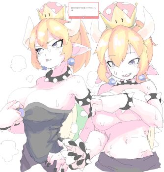Rule 34 | absurdres, blonde hair, blush, bowsette, breast press, breasts, covering breasts, covering privates, embarrassed, grey eyes, heavy breathing, highres, hot, large breasts, mario (series), mocamocaink, nintendo, solo, sweat, topless female
