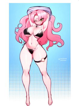 Rule 34 | 1girl, armpits, arms up, barefoot, bikini, black bikini, blush, breasts, cleavage, closed mouth, clothes lift, commentary, curvy, dithered background, english commentary, eyeshadow, full body, green eyes, heart, heart necklace, highleg, highleg bikini, highres, jaxdrawz, jewelry, large breasts, licking lips, long hair, looking at viewer, makeup, narrow waist, navel, necklace, nicole demara, o-ring, one eye closed, parted bangs, patreon username, pink hair, shirt lift, sideboob, simple background, smile, solo, swimsuit, thick thighs, thigh strap, thighs, tongue, tongue out, underboob, undressing, wide hips, zenless zone zero