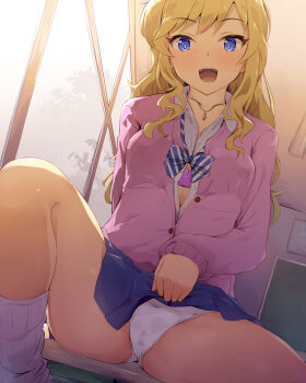 1girl :d blonde_hair blue_eyes blue_skirt blush bra breasts button_gap cardigan clothes_lift collarbone collared_shirt commentary_request desk dress_shirt dutch_angle female_focus highres idolmaster idolmaster_cinderella_girls idolmaster_cinderella_girls_starlight_stage indoors jewelry lifting_own_clothes long_hair loose_socks ohtsuki_yui on_desk open_mouth panties pendant pink_bra pink_cardigan pleated_skirt school_desk school_uniform seneto shirt sitting skirt skirt_lift small_breasts smile socks solo teeth underwear upper_teeth_only white_panties white_shirt white_socks window
