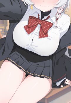 1girl absurdres arm_support black_jacket black_panties black_skirt blue_archive blush bow bowtie braid breasts button_gap cinamon_(cinamori) commentary_request desk eri_(blue_archive) eyes_out_of_frame grey_hair head_out_of_frame highres jacket large_breasts miniskirt multicolored_hair on_desk panties pantyshot pleated_skirt red_bow red_bowtie red_hair school_desk selfie shirt single_braid sitting skirt solo streaked_hair striped_bow striped_bowtie striped_clothes sweat thighs two-tone_hair underwear white_shirt