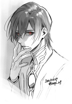 1boy closed_mouth code_geass commentary_request dated greyscale hair_between_eyes hand_on_own_chin hand_on_own_face highres lelouch_vi_britannia long_sleeves looking_at_viewer male_focus monochrome red_eyes shade short_hair signature simple_background solo spot_color twitter_username upper_body white_background ykmr_(haga)