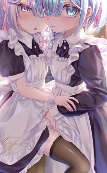 2girls :o absurdres alternate_costume apron apron_lift arona_(blue_archive) back_bow backlighting black_dress black_thighhighs blue_archive blue_eyes blue_hair blunt_bangs blush bow braid chinese_commentary closed_mouth clothes_lift colored_inner_hair commentary_request cowboy_shot dress dress_lift enmaided eyelashes eyes_visible_through_hair frilled_apron frilled_dress frills grey_eyes grey_hair hair_between_eyes hair_over_one_eye half-closed_eyes highres holding_another&#039;s_arm lifting_another&#039;s_clothes loli long_bangs long_dress long_sleeves looking_at_viewer maid maid_apron multicolored_hair multiple_girls open_mouth pink_hair pink_pupils plana_(blue_archive) puffy_short_sleeves puffy_sleeves short_hair short_sleeves signature single_braid skirt skirt_lift smile split_mouth standing take_your_pick thighhighs thighs tsurime two-tone_hair upturned_eyes white_apron white_bow white_wrist_cuffs wrist_cuffs yyfuu zettai_ryouiki
