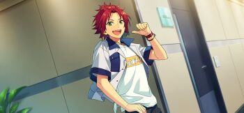 Rule 34 | 1boy, bangs pinned back, bracelet, breast pocket, collared shirt, curtained hair, door, ensemble stars!, fingernails, game cg, green eyes, hand on own hip, hand up, happy elements, indoors, isara mao, jewelry, layered clothes, leaf, looking at viewer, male focus, necklace, official art, open clothes, open mouth, pocket, pointing, pointing at self, red hair, shirt, short hair, short sleeves, smile, solo, teeth, third-party source, thumbs up, upper body, upper teeth only, watch, white shirt, wristwatch